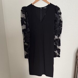Express Black Long Sleeve Sheath Dress with Floral Mesh Sleeves